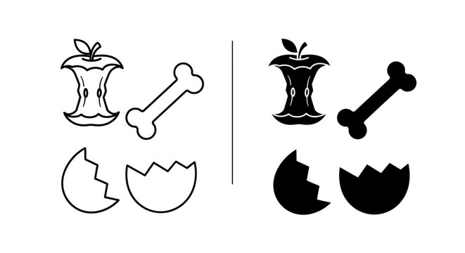 Empty apple core, broken eggshells and a bone - outline and silhouette graphics side-by-side