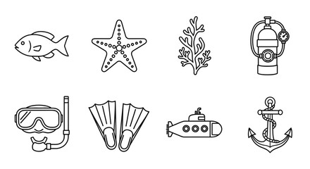 Underwater World Line Art Icons Collection featuring Marine Life, Diving Gear, and Ocean Exploration Elements – Vector Set for Aquatic Themes and Adventure Graphics © charli