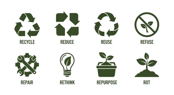 Collection of icons representing the 7 Rs of sustainability and environmental responsibility for eco-friendly living