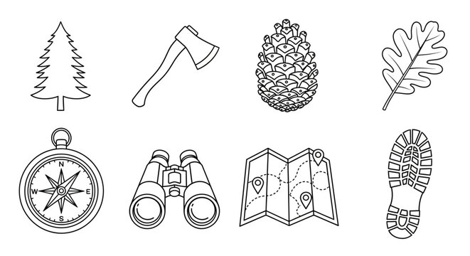 Set of outdoor adventure and exploration icons including a compass, binoculars, map, axe, pine cone, oak leaf, tree, and boot print