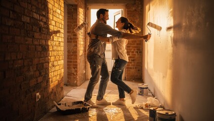 Fototapeta premium Capturing the Joy of Home Renovation: Playful Couple Covered in Paint Embracing in Their New Apartment Radiating Happiness and Partnership While Bringing Their Dream Space to Life.