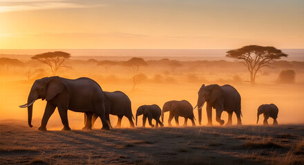 Fototapeta premium Majestic herd of elephants walking in a savanna at sunset, bathed in golden light with acacia trees in the background, representing wildlife and nature's grandeur