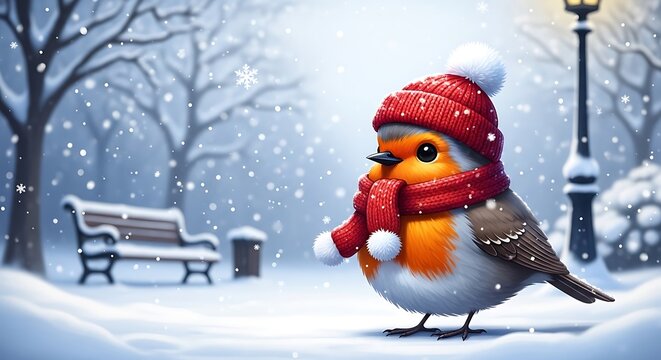 Adorable bird in a red winter hat and scarf in a snowy park setting
