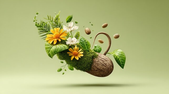 Bursting seed pod with vibrant flowers and leaves.