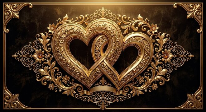 Two large, ornate golden hearts interlocked within a dark, highly decorative vintage frame
