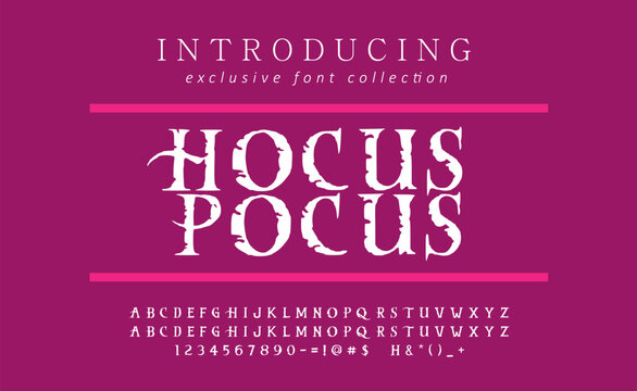 HOCUS POCUS vector font features kids styling with refined letter structure designed for advertising. High resolution scalable typography ideal for creative projects requiring distinct visual identity