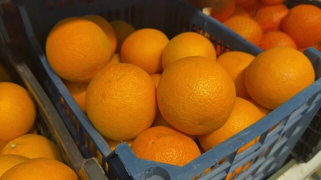 Juicy oranges in plastic crate on store counter, bright glossy skin, closeup of ripe citrus at supermarket produce display.