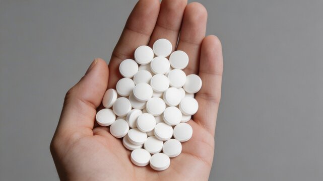 Gros plan d'une main tenant un gros tas de pilules blanches