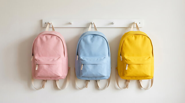 Three colorful backpacks hanging on a white hook, Back to school, copy space, education, learning, student, school, supplies, colorful, bags
