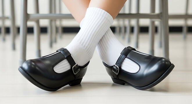 A child's crossed feet wearing black Mary Jane shoes and white socks in a classroom with copy space for Back to school