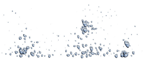 Fototapeta premium Abstract composition of translucent liquid droplets and tiny splash elements scattered across a clean white background representing purity and freshness transparent background