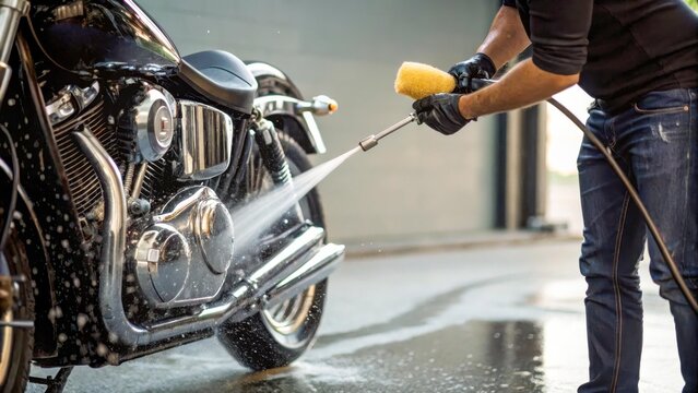A man carefully washes a motorcycle with a hose and a sponge. Foam and water emphasize the cleaning process. Equipment care.