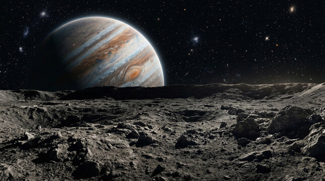 Ringed gas giant floating over a rocky moonscape beneath a glowing aurora-filled star field, in a meditative cosmic atmosphere.