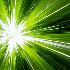 Obraz premium Dynamic green light burst with radial motion blur, abstract explosion of bright lime rays, energetic speed lines and glowing sunburst effect isolated on White Background