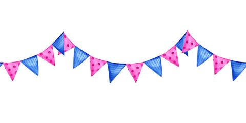 Fototapeta premium Hand drawn watercolor seamless horizontal border of festive party garland. These vibrant pink and blue triangular bunting flags feature polka dots and stripes, perfect for birthday celebrations.