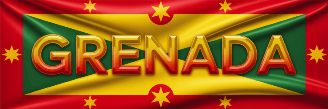 Grenada flag with glossy 3D text, vibrant Caribbean national banner illustration in red yellow green for travel and celebration