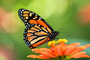 Fototapeta premium Monarch Butterfly on Orange Flower with Soft Green Background Wildlife Nature high resolution photo
