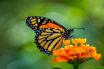 Obraz premium Monarch Butterfly Perched on Blooming Orange Flower Macro Nature Scene high resolution photo