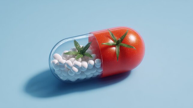 Pill capsule with tomato and herbs inside. natural biotech innovation, organic wellness, environmental health
