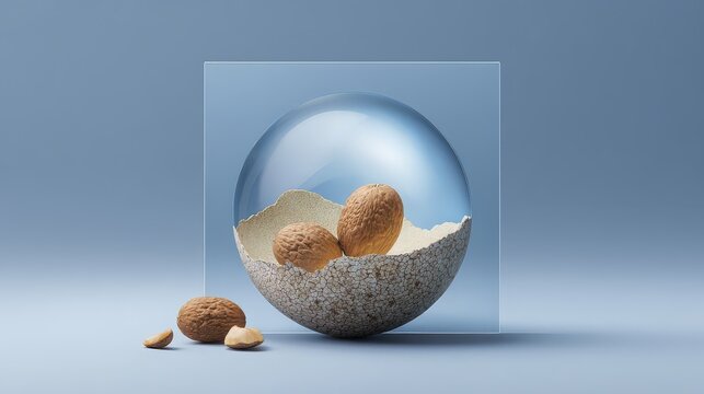 Stylish display of unshelled nuts in a sphere. natural biotech innovation, organic wellness, environmental health