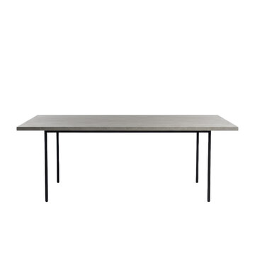 a minimalist rectangular dining table featuring a matte grey stone-effect tabletop and thin black metal legs, isolated on a bright white studio cyc wall, shadowless product photography concept