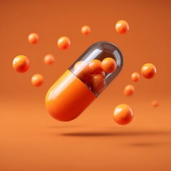 Vibrant orange capsule with floating spheres. natural biotech innovation, organic wellness, environmental health
