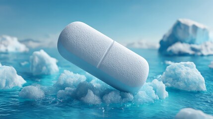 White capsule on ice in serene water setting. natural biotech innovation, organic wellness, environmental health