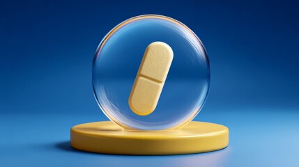 Yellow capsule in clear sphere on blue background. natural biotech innovation, organic wellness, environmental health