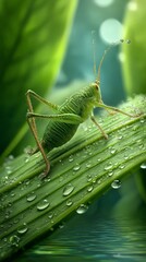 A close-up of a green grasshopper on leaves. natural biotech innovation, organic wellness, environmental health