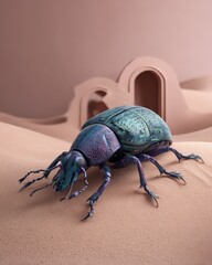A colorful beetle on a sandy surface. natural biotech innovation, organic wellness, environmental health