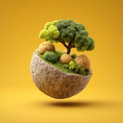 A floating island with trees and greenery. natural biotech innovation, organic wellness, environmental health