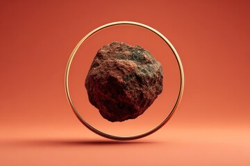 A floating rock in a golden ring on orange backgrounds. natural biotech innovation, organic wellness, environmental health