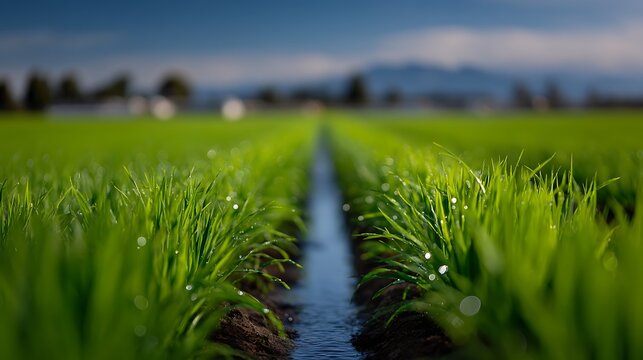 An aerial view of an irrigated green field under the clear sky 