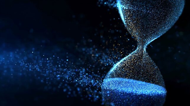 An artistic hourglass made of luminous particles, a metaphor for passing time 