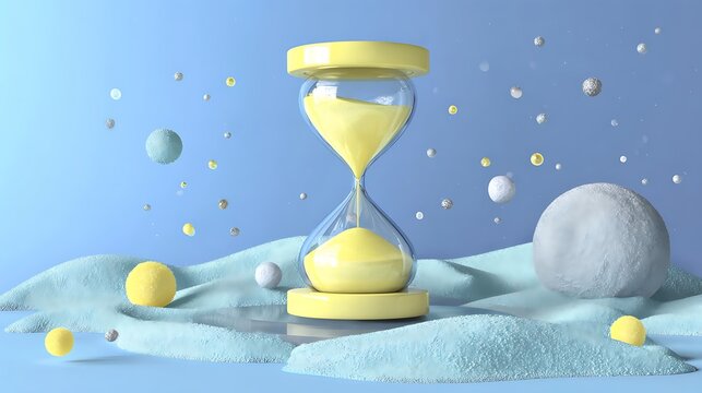 An hourglass, sands flowing, on a light blue background, suggesting time and change 