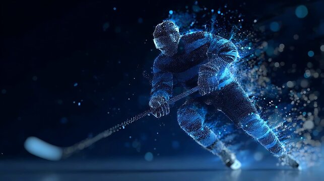 An ice hockey player in action, rendered in dynamic blue energy. The player holds a hockey stick and wears protective gear, captured against a dark backdrop. 