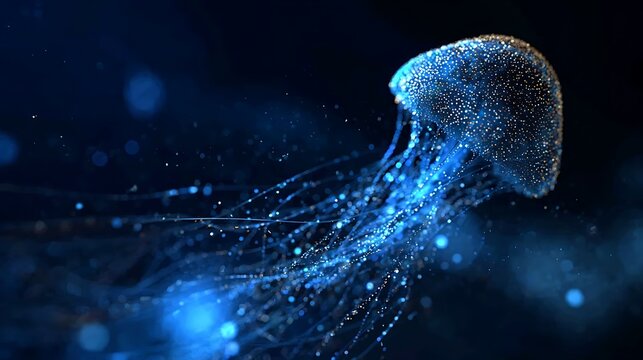 A luminescent jellyfish gracefully drifting through the dark ocean depths, with long flowing tentacles