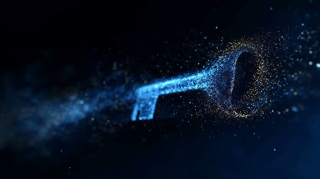 A luminous digital key floating in a dark expanse, representing access, security, and potential solutions. The key is composed of particles, glowing with an ethereal blue light.