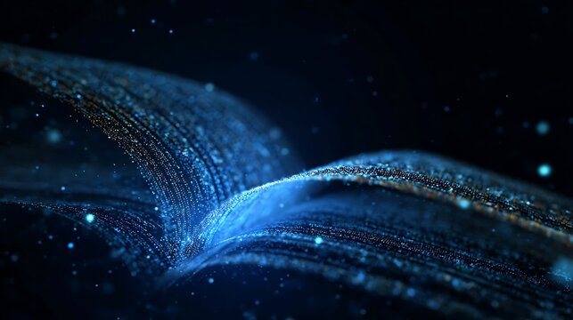 An abstract illustration of an open book with glowing particles 