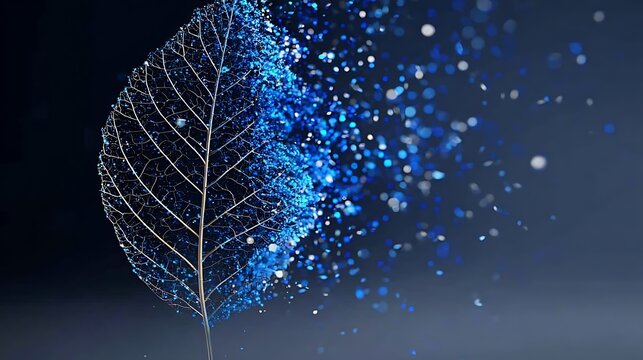 A digital leaf disintegrating into a cloud of particles, representing transformation