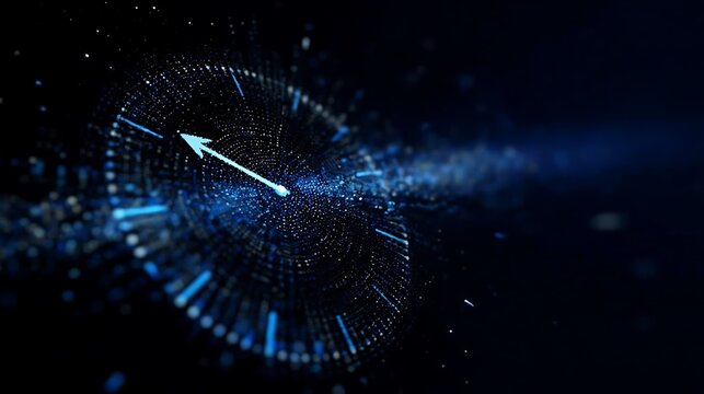 An abstract clock, representing time and speed. The image conveys motion, progress, and the relentless passage of time. The futuristic style creates a sense of innovation and technology.