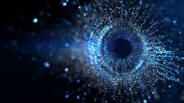 A digital abstract of an eye, showcasing intricate details and cosmic aesthetics. The eye is composed of countless particles that create a mesmerizing aura. 