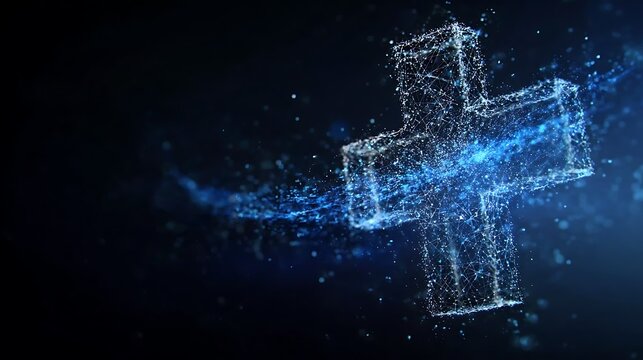 A luminous cross composed of particles glowing on a dark blue background, evoking a sense of spirituality. The cross is the focal point, its form defined by numerous points of light