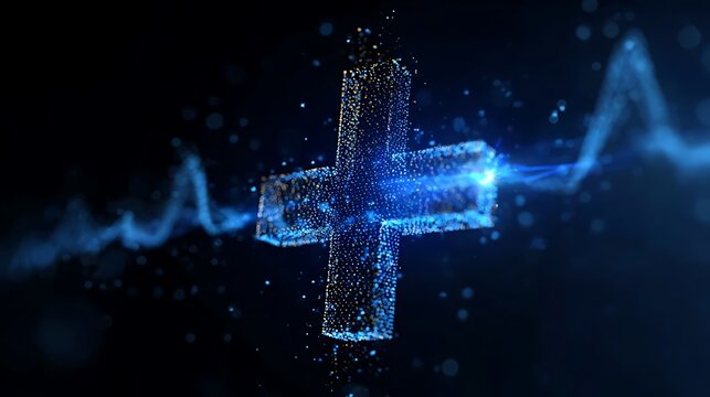 A digital plus sign on a dark blue background with the energy effect
