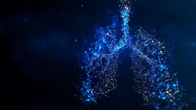 Abstract representation of human lungs with glowing particles