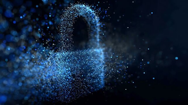 A digital padlock composed of numerous shimmering particles, representing security and protection
