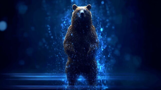 A majestic bear standing tall with an aura of energy. The bear has a thick brown fur and powerful stance against a mystical backdrop