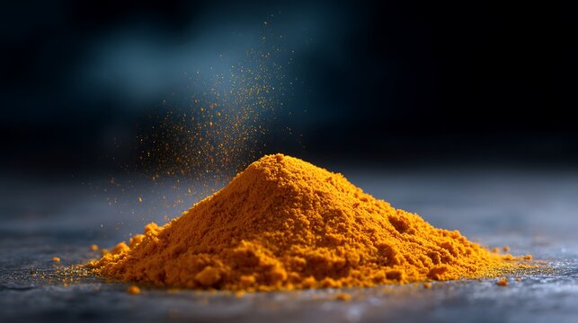Vibrant close-up of a mound of turmeric powder. The powder is golden yellow, with a dark backdrop