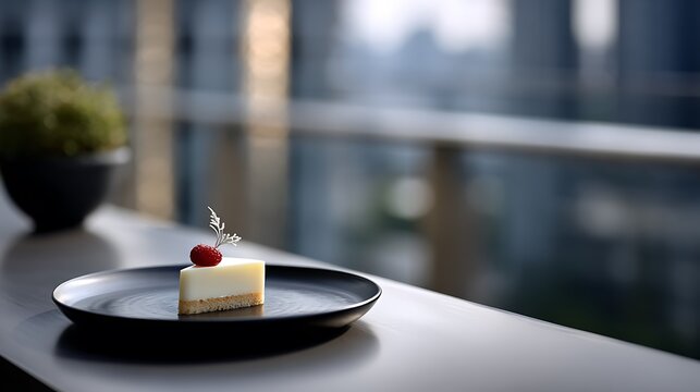 A slice of delectable cheesecake with a red berry on a plate near a cityscape