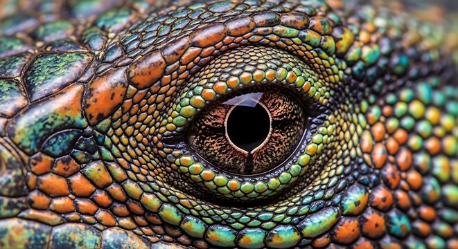 Macro shot of a reptile eye, showcasing intricate scales and vibrant color patterns